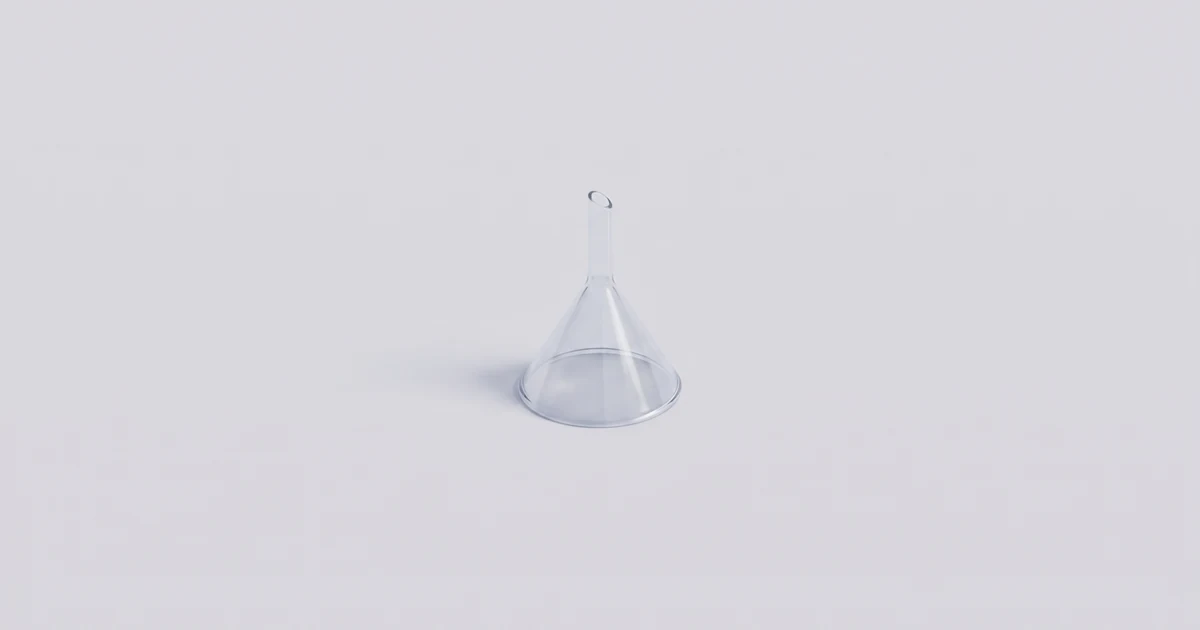 밝은 회색 배경 위에 유리 깔때기 하나가 놓여 있다. 판매가 현금으로 바뀌기까지 시간이 걸린다는 점을 상징한다.